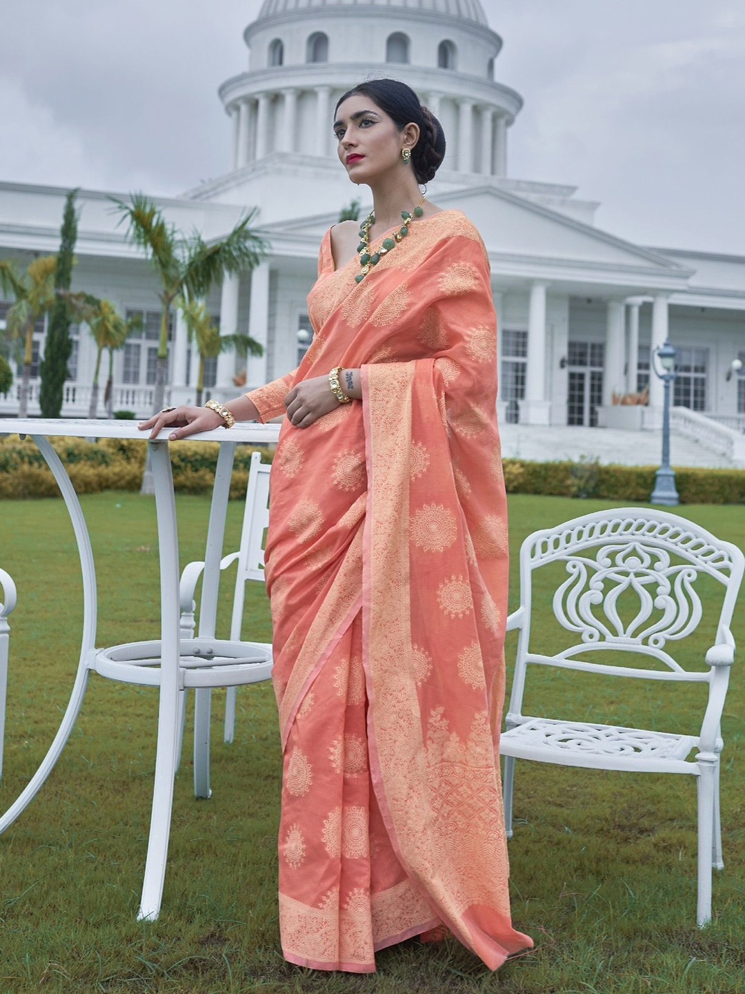 

MAHALASA Ethnic Motifs Pure Cotton Chanderi Saree, Peach