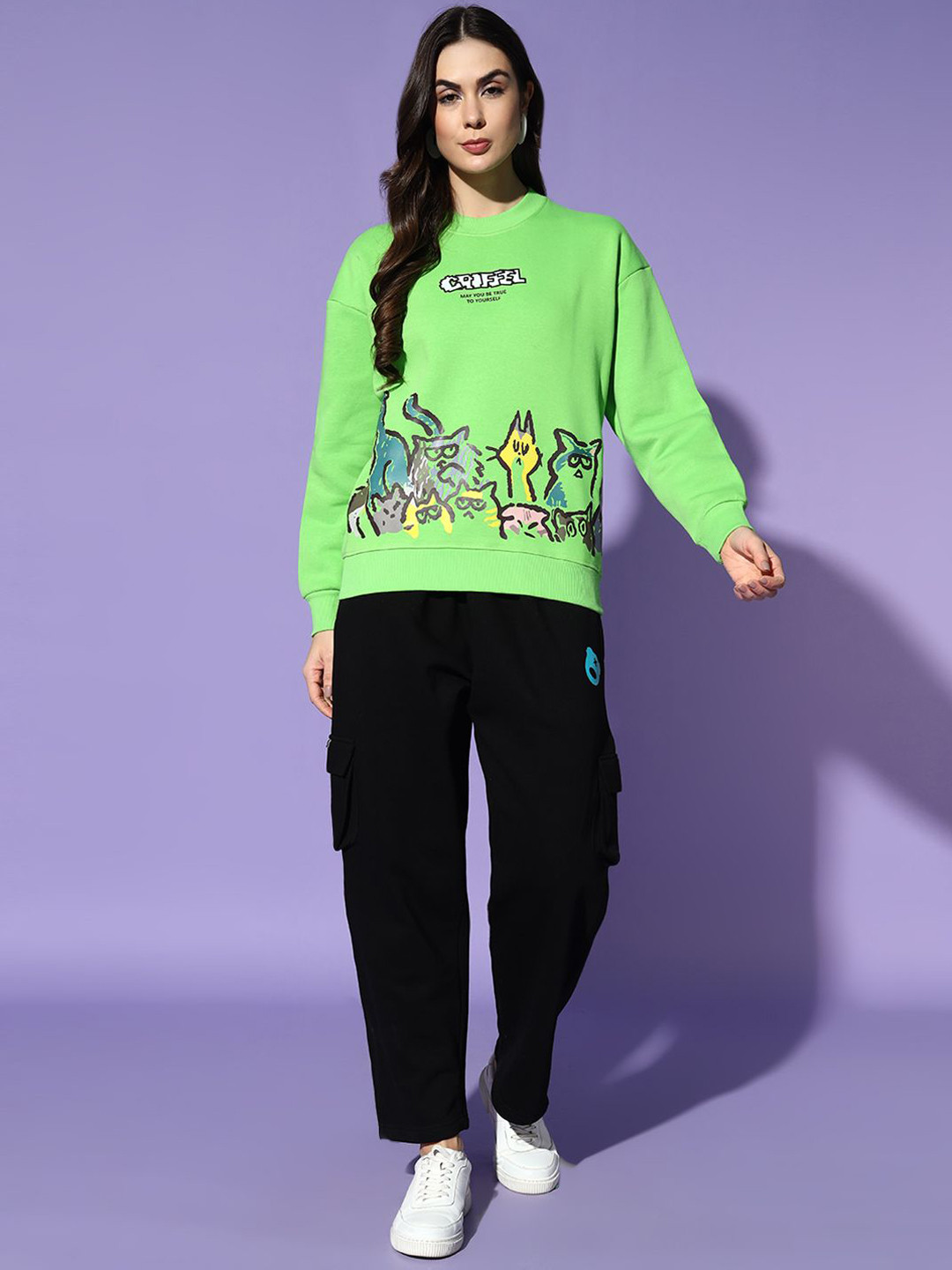 

GRIFFEL Women Graphic Printed Oversized Tracksuits, Lime green