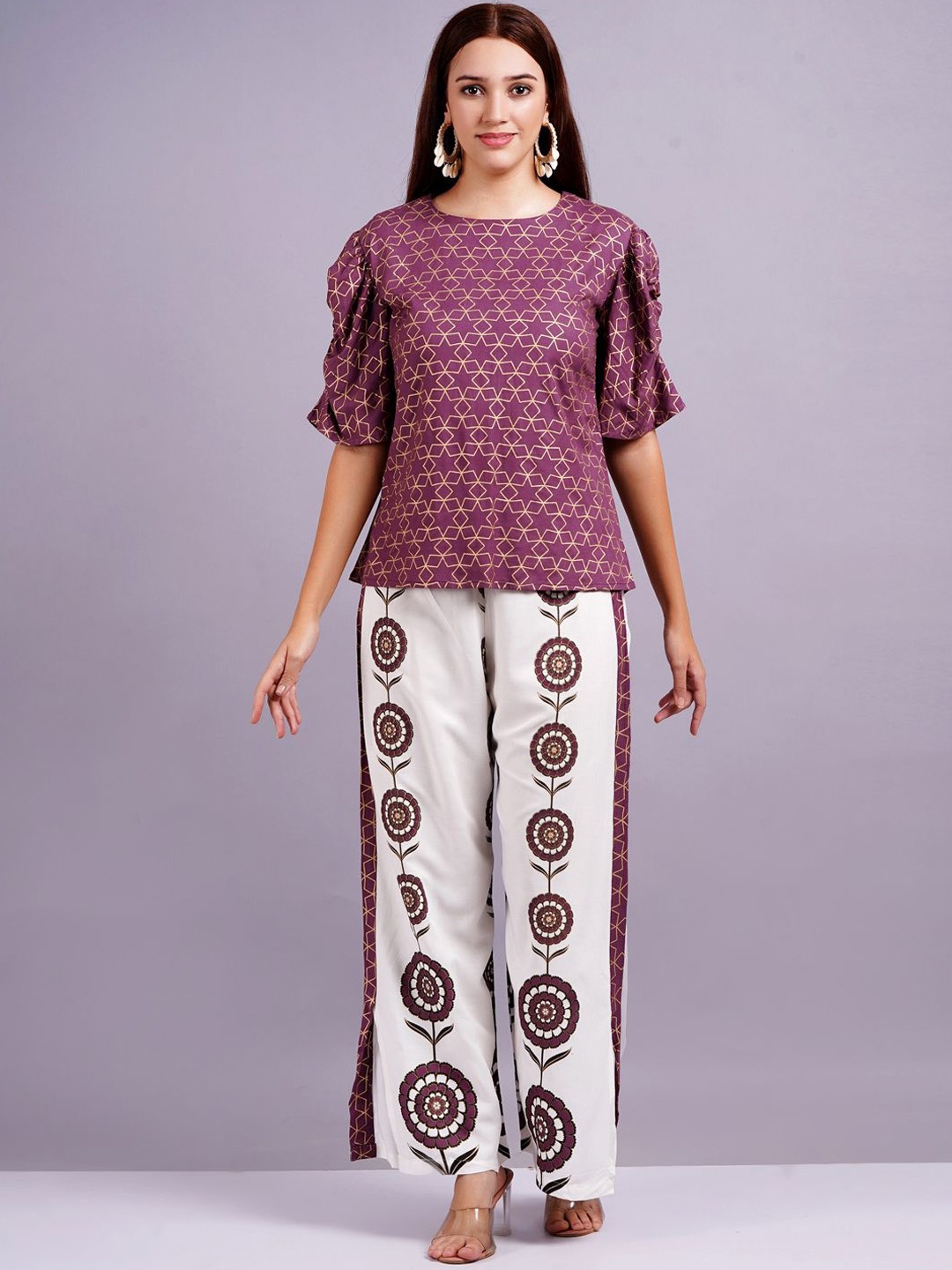 

KALINI Geometric Printed Round Neck Short Sleeves Top With Trouser, Burgundy