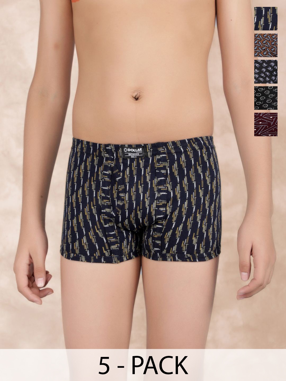 

Dollar Bigboss Boys Pack Of 5 Assorted Cotton Printed Trunks MBKTR-10-CZYLNG-PO5-CO1, Black
