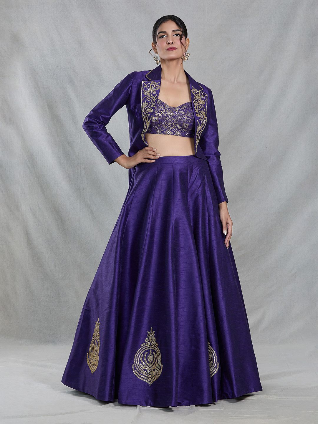 

Samyukta Singhania Woven Design Sequinned Ready to Wear Lehenga With Choli & Jacket, Navy blue