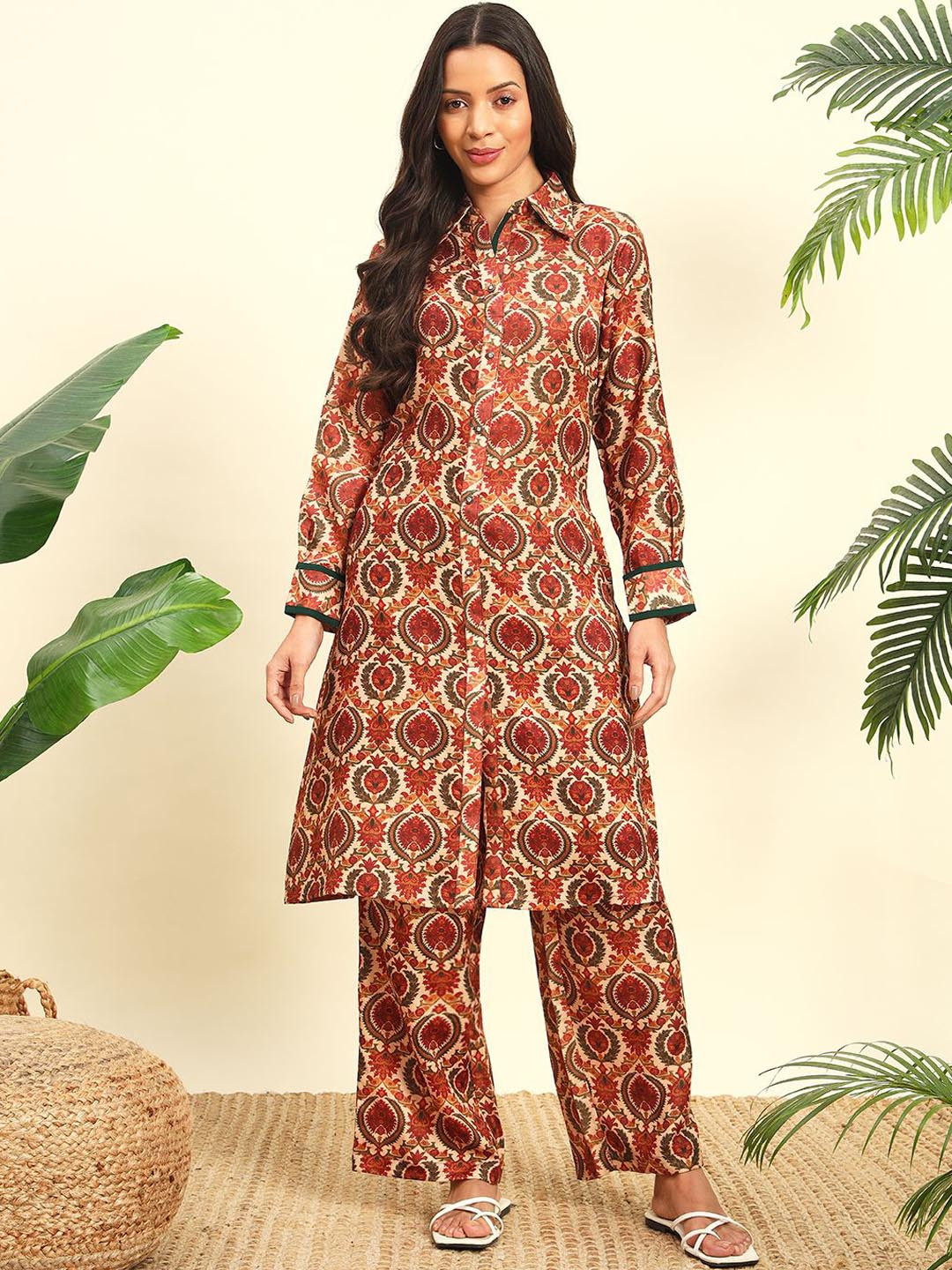 

WoowZerz Floral Printed Shirt Collar Long Sleeves A-Line Kurta with Palazzos, Beige