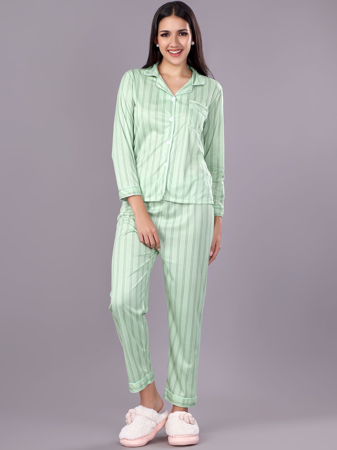 

ANSEE by Addery Women Cotton Striped Lapel Collar Night suit, Green