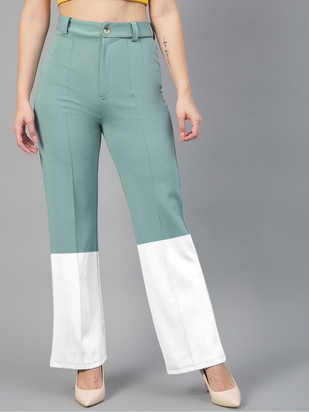 

Kotty Women Colourblocked Straight Fit High-Rise Trousers, Green