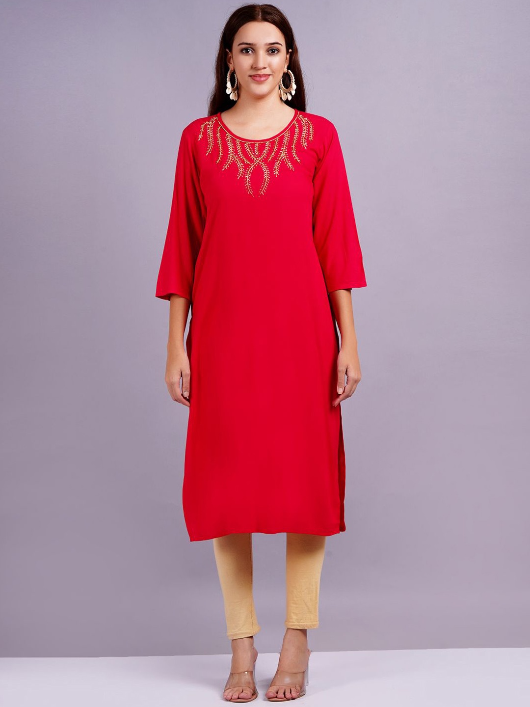 

KALINI Floral Yoke Design Zardozi Straight Kurta, Red