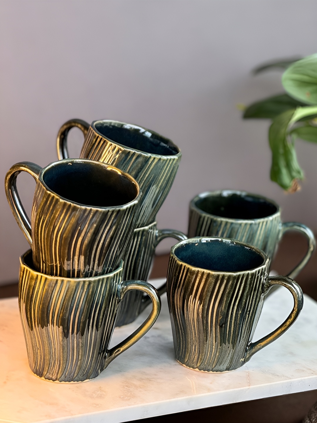 

ARAVALII Green 6 Pieces Textured Ceramic Glossy Mugs 250 ml