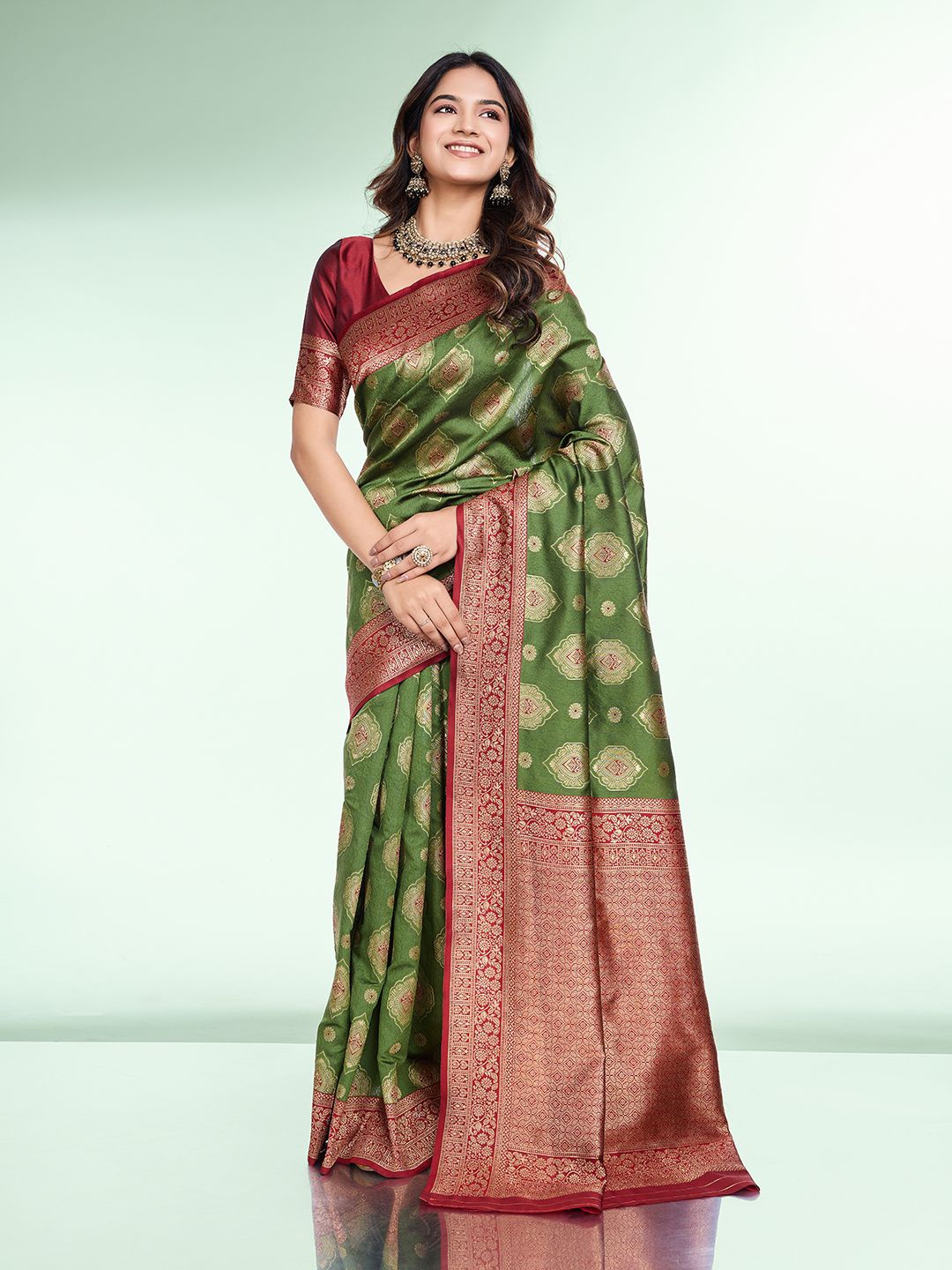 

RICH & ROMAN Woven Design Zari Pure Silk Banarasi Saree, Olive