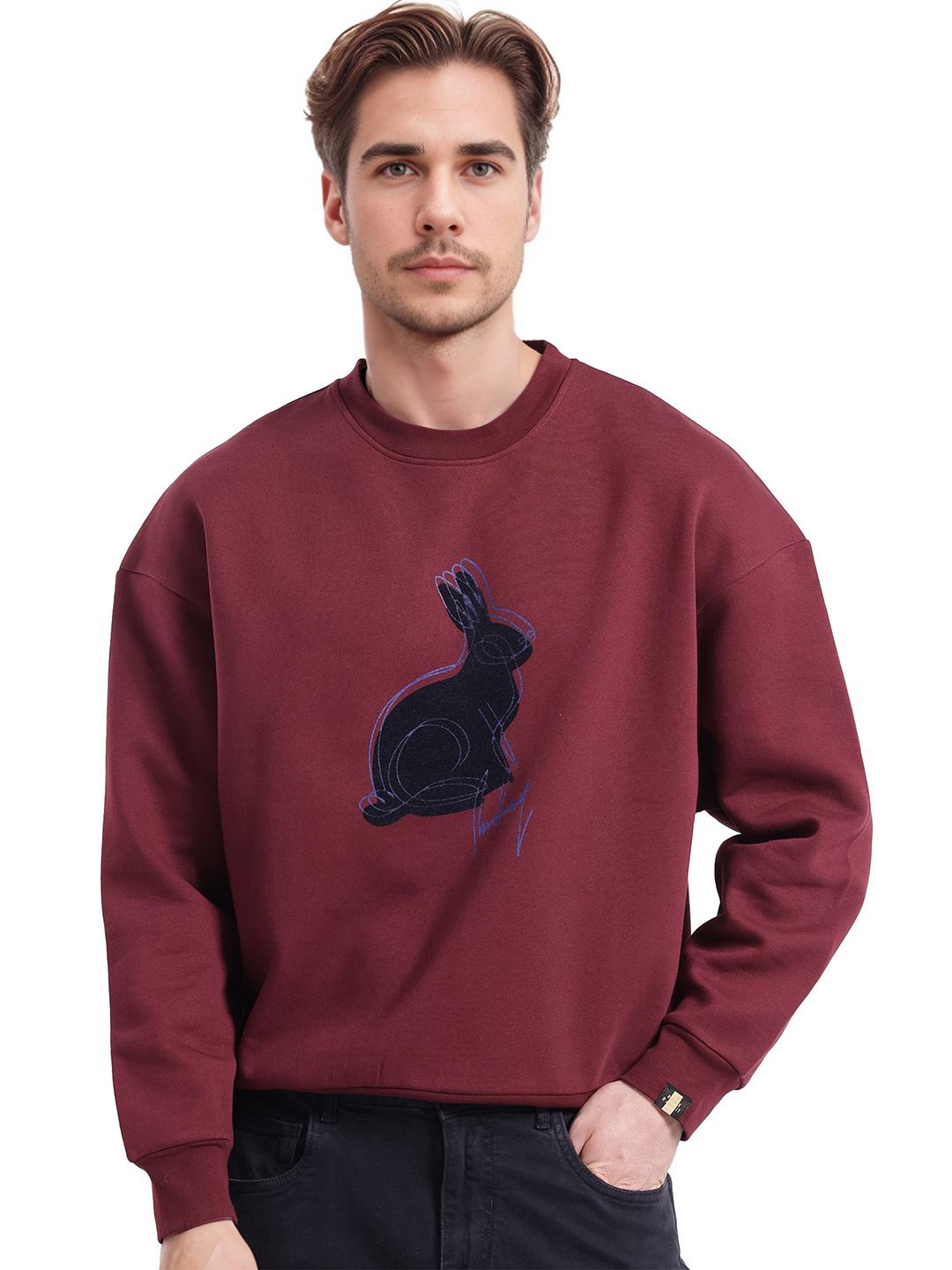 

RARE RABBIT Men Printed Cotton Pullover Sweatshirt, Maroon