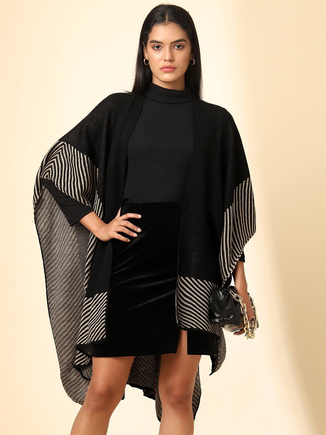 

Zamour Striped Open Front Longline Shrug, Black