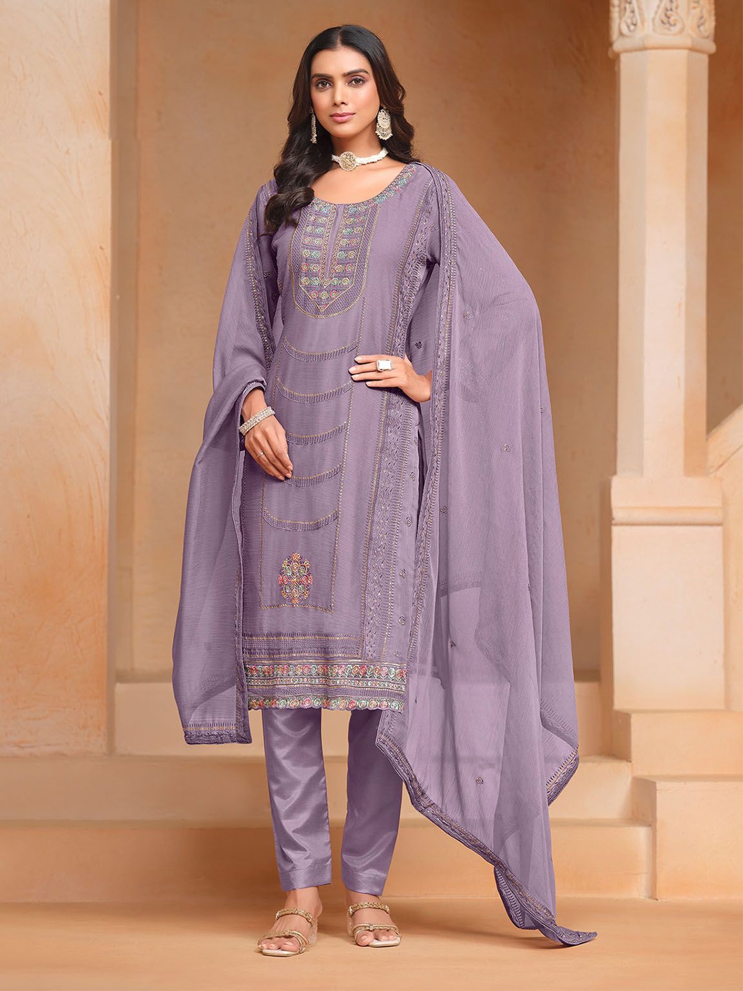 

ODETTE Floral Embroidered Sequinned Organza Straight Kurta with Churidar & Dupatta, Purple