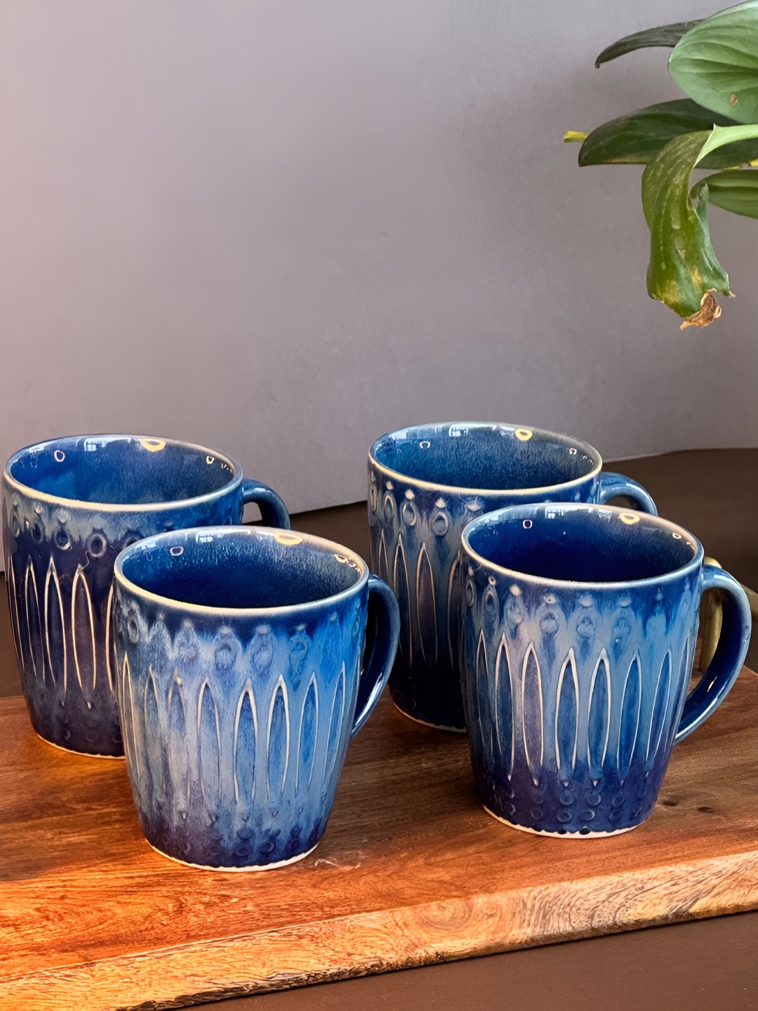 

ARAVALII Blue & White 4 Pieces Printed Ceramic Glossy Mugs 250 ml