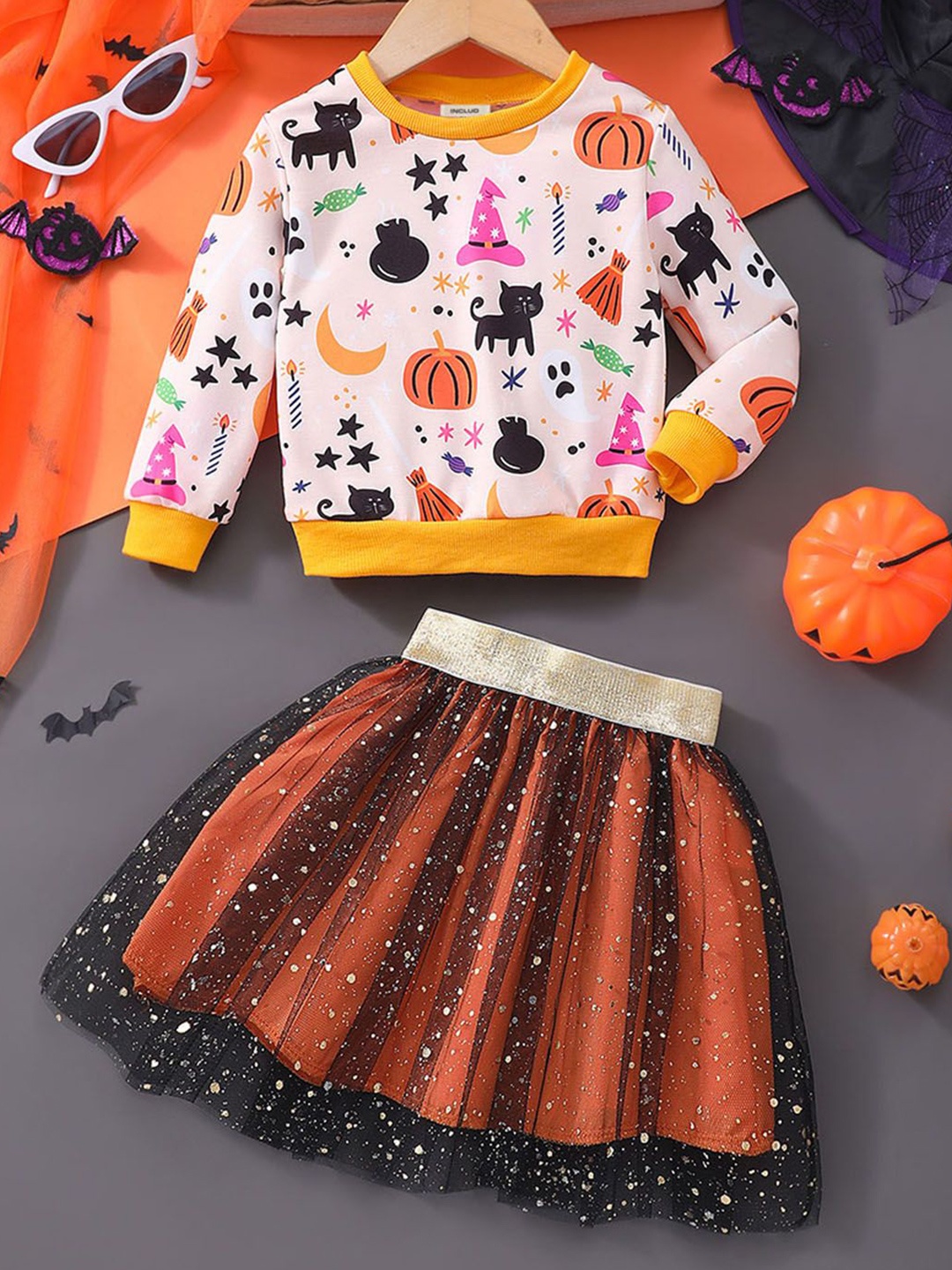 

INCLUD Girls Halloween Printed Round Neck Sweatshirt With Skirt, Orange