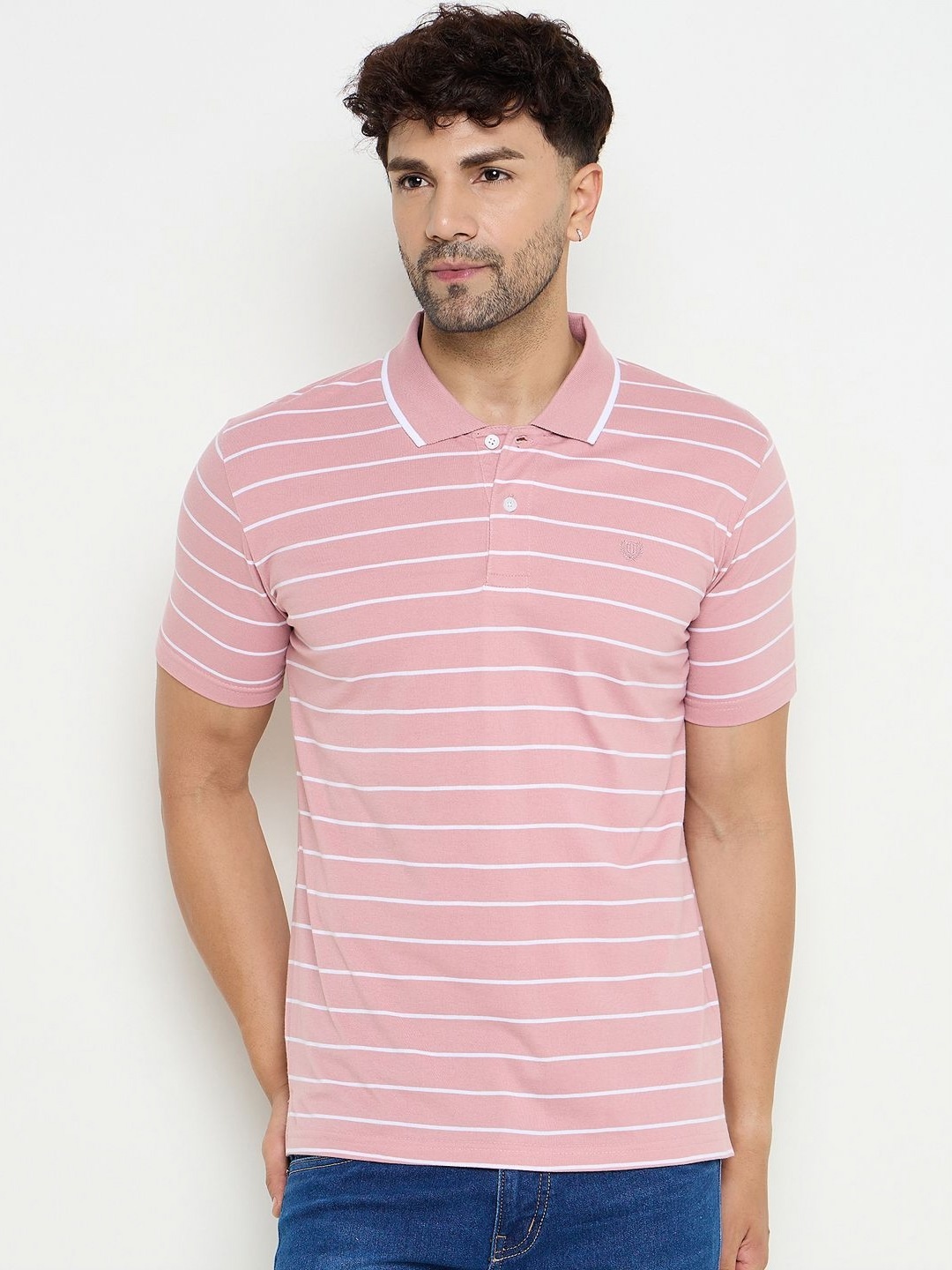 

Duke Men Striped Polo Collar Cotton T-shirt, Pink