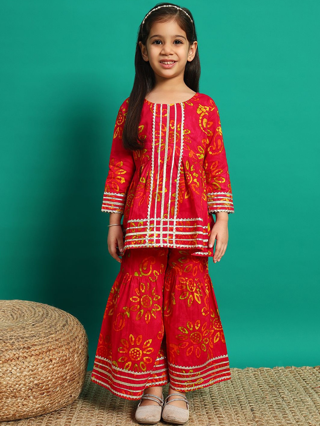 

Readiprint Girls Floral Printed Gotta Patti Pure Cotton Kurti with Sharara, Pink