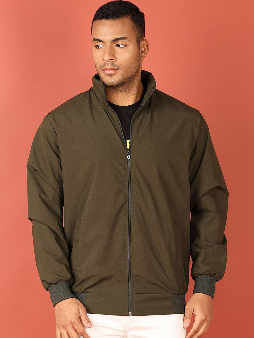 

V-Mart Men Mock Collar Solid Cotton Casual Bomber Jacket, Olive