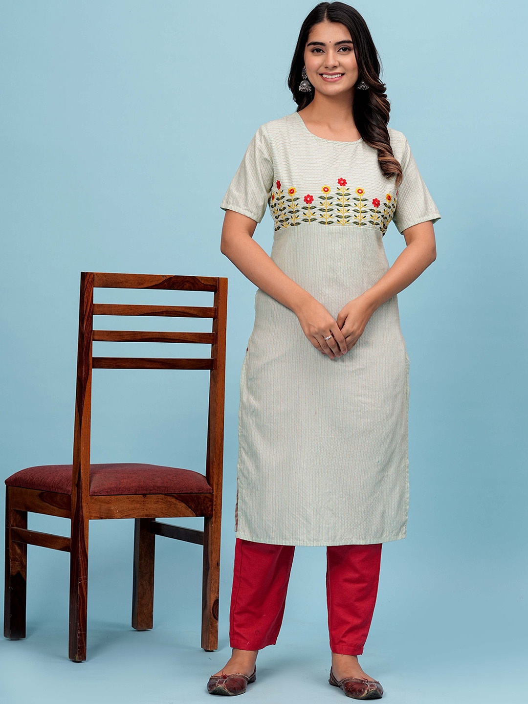 

DIZON Floral Embroidered Mirror Work Pure Cotton Straight Kurta With Trouser, Lime green
