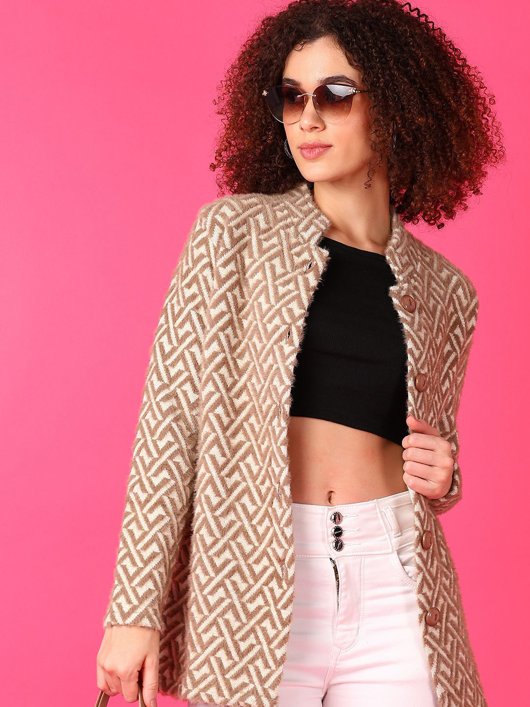 

V-Mart Women Self Design Round Neck Long Sleeves Cardigan, Brown