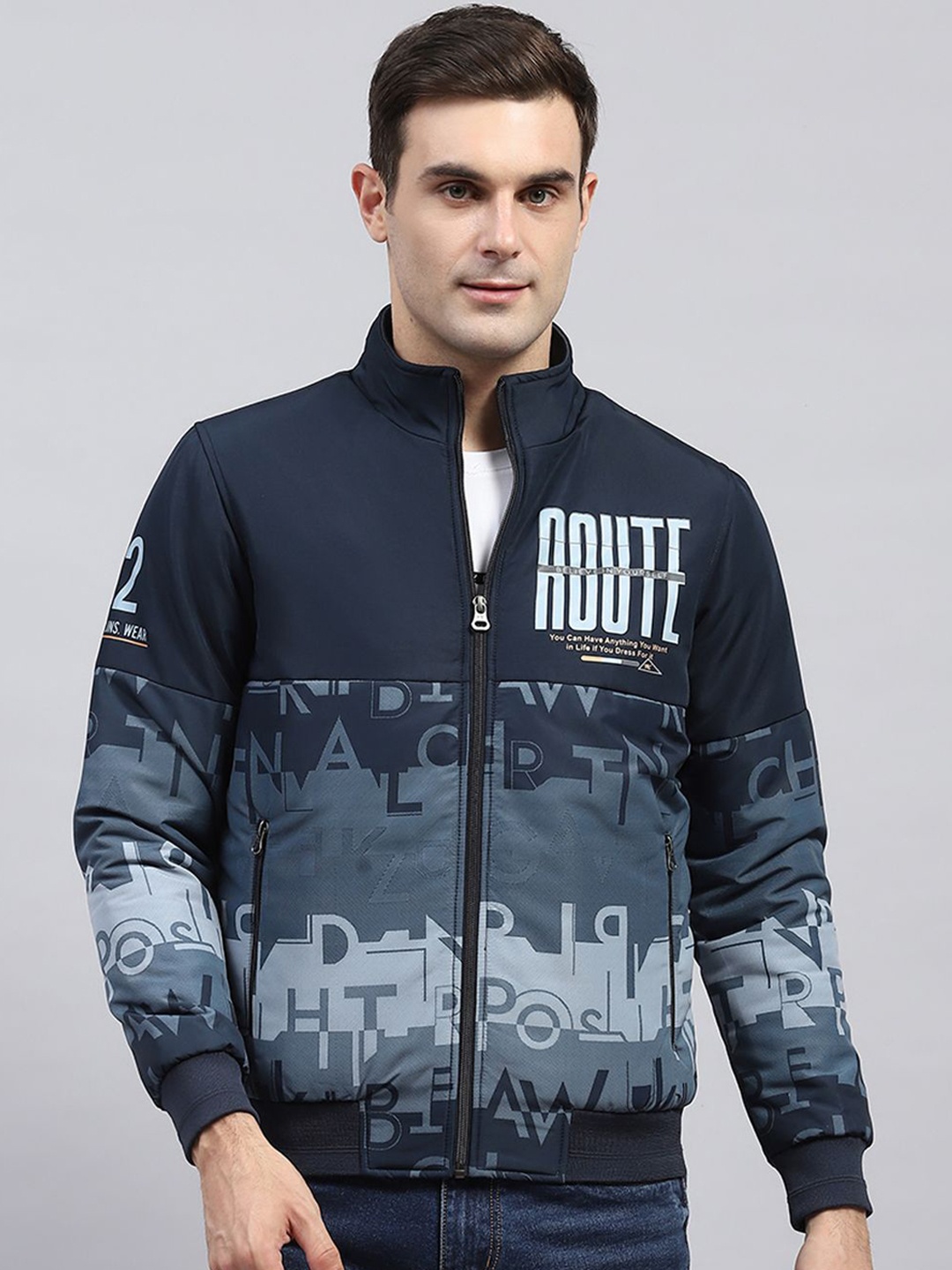 

Monte Carlo Men Mock Collar Typography Printed Casual Bomber Jacket, Navy blue