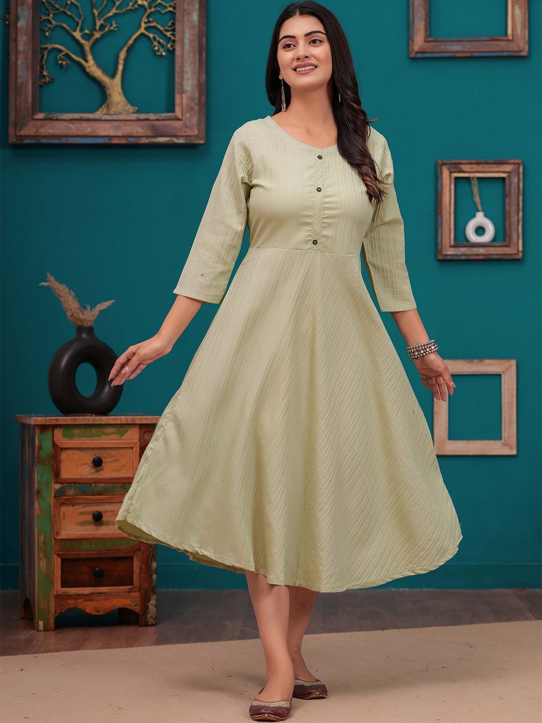 

DIZON Striped Fit and Flare Ethnic Dress, Green