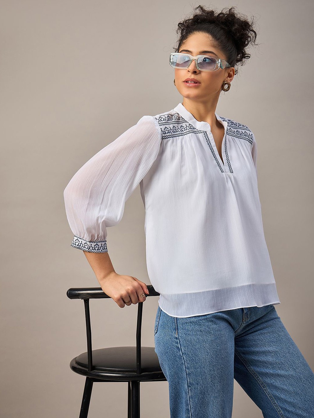 

The Roadster Lifestyle Co. Embroidered Georgette Top, White