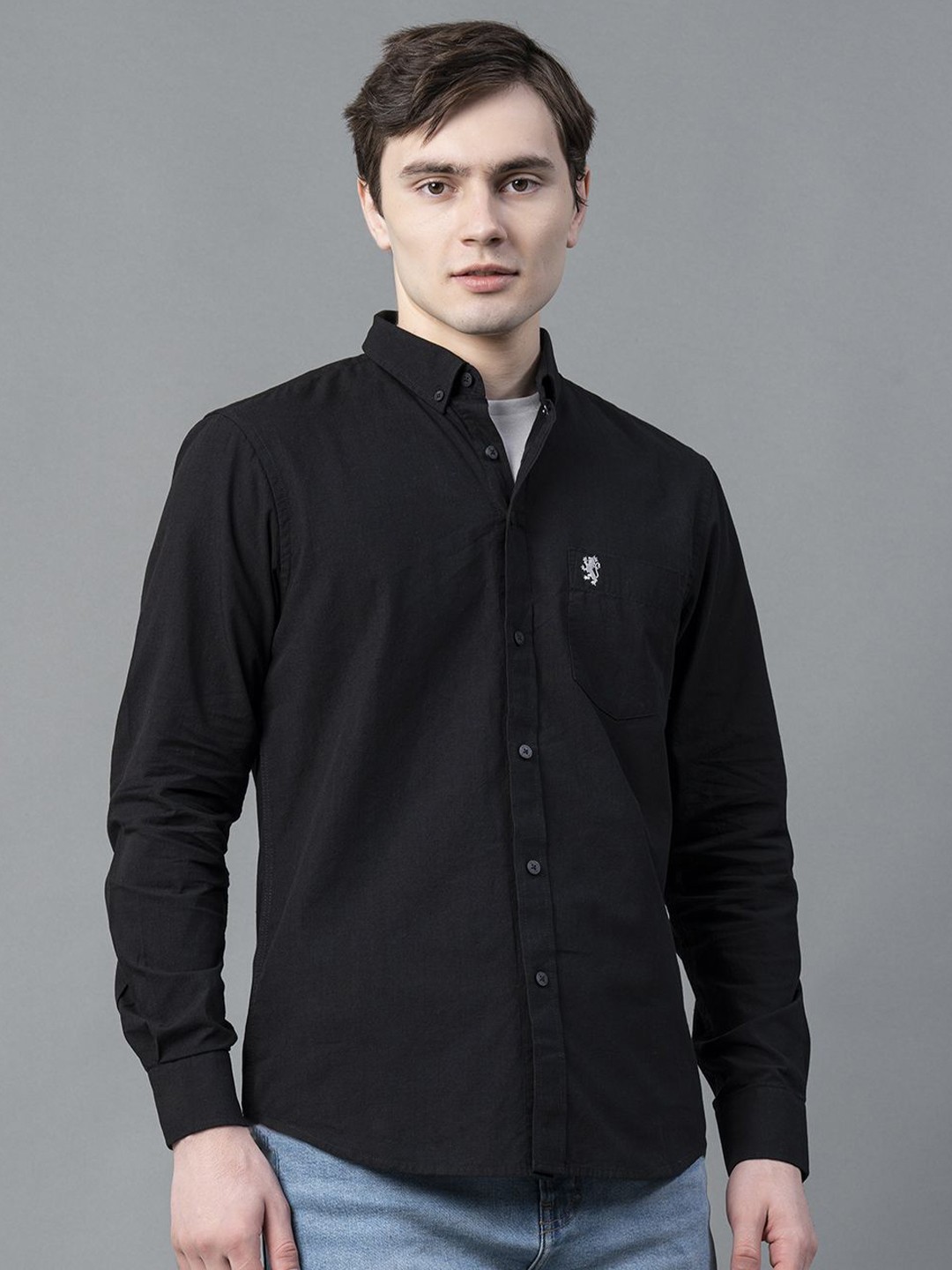 

Red Tape Men Button-Down Collar Solid Cotton Casual Shirt, Black