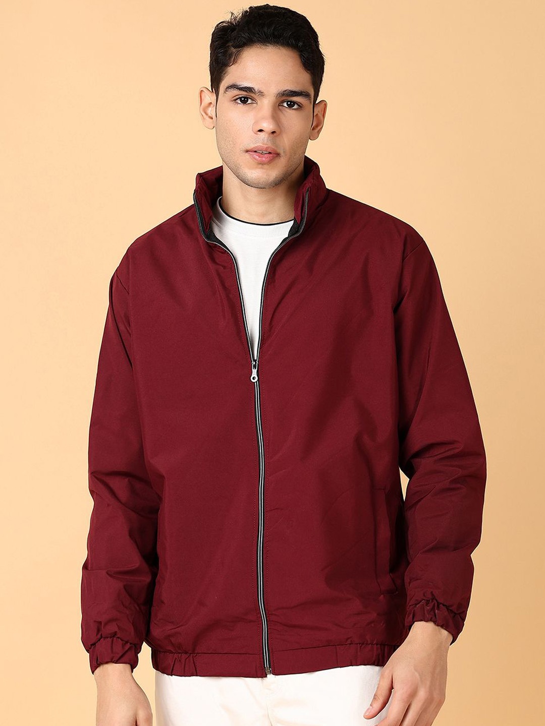 

V-Mart Men Mock Collar Solid Cotton Casual Bomber Jacket, Maroon