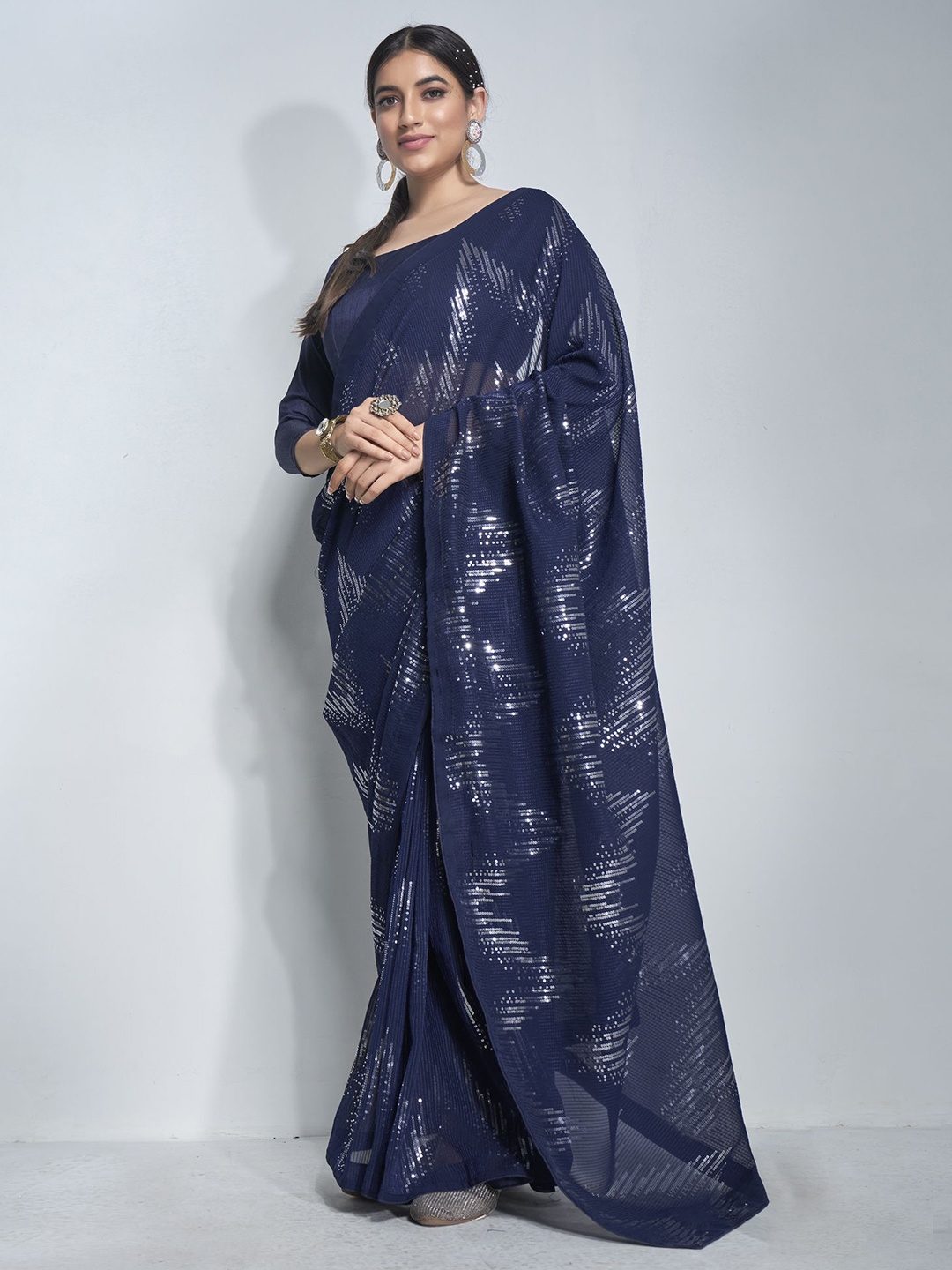 

Kalista Embellished Sequinned Pure Chiffon Ready to Wear Saree, Navy blue