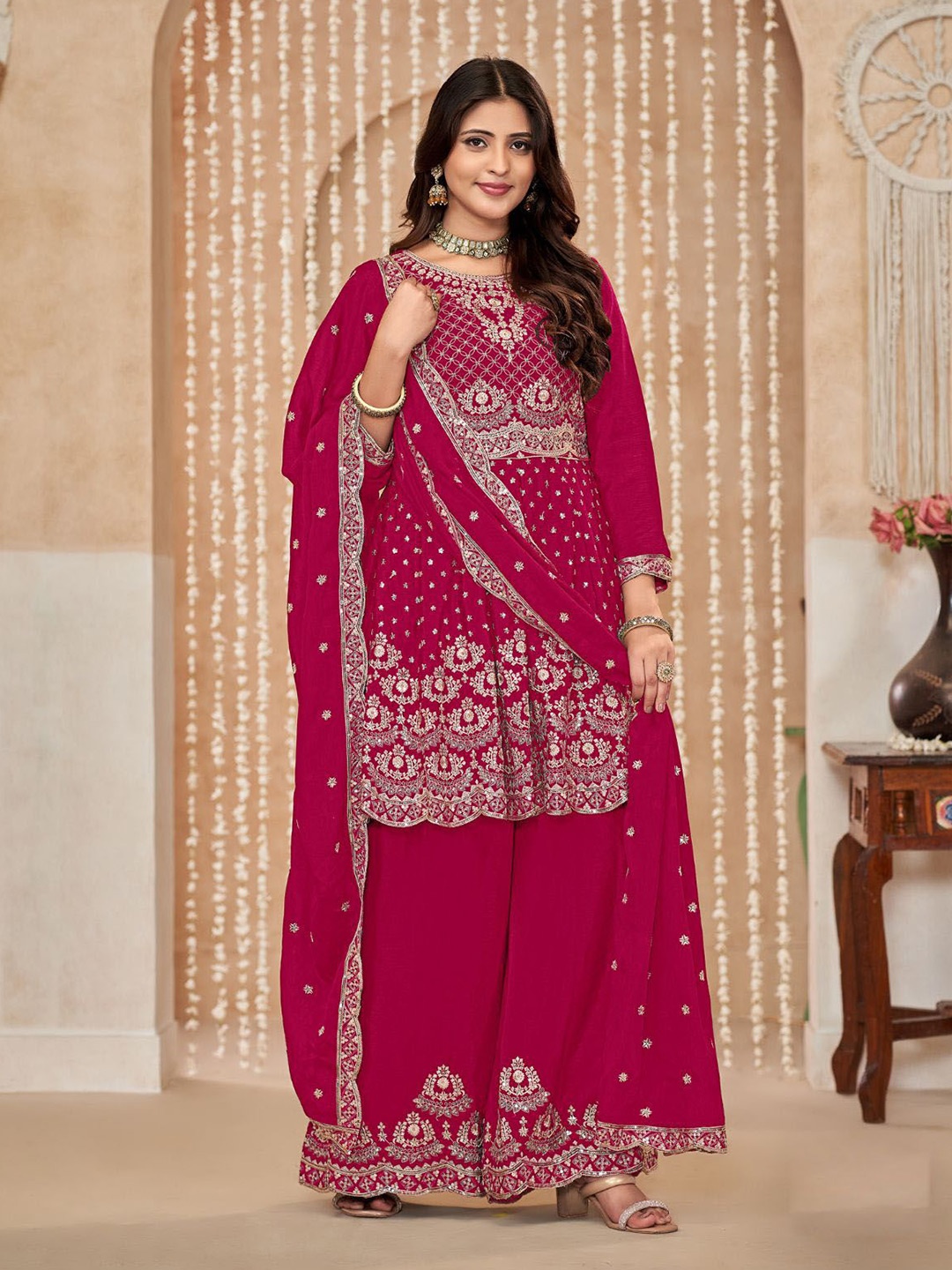 

ODETTE Floral Embroidered Sequinned A-Line Kurta with Sharara & With Dupatta, Pink