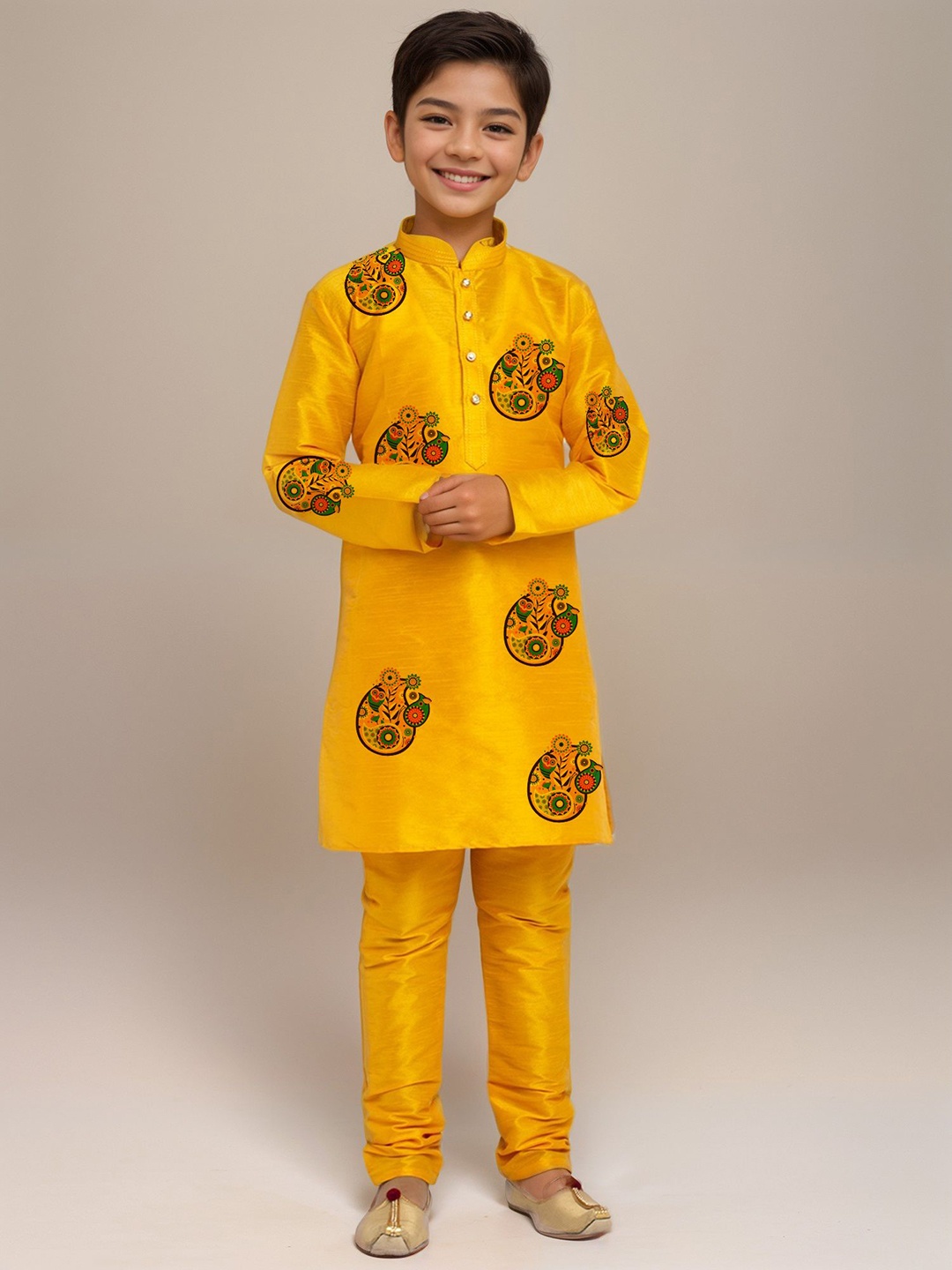 

DEVOILER Boys Ethnic Motifs Printed Regular Art Silk Kurta with Churidar, Yellow