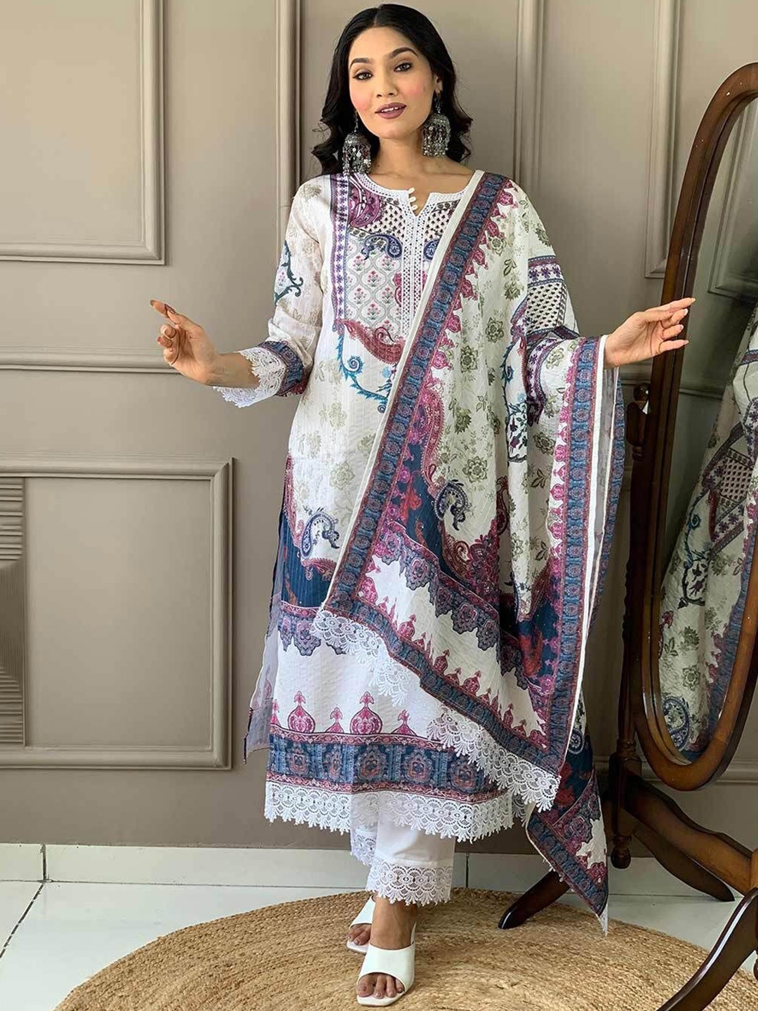 

KALINI Ethnic Motifs Printed Sequinned Silk Crepe Straight Kurta with Trousers & Dupatta, Off white