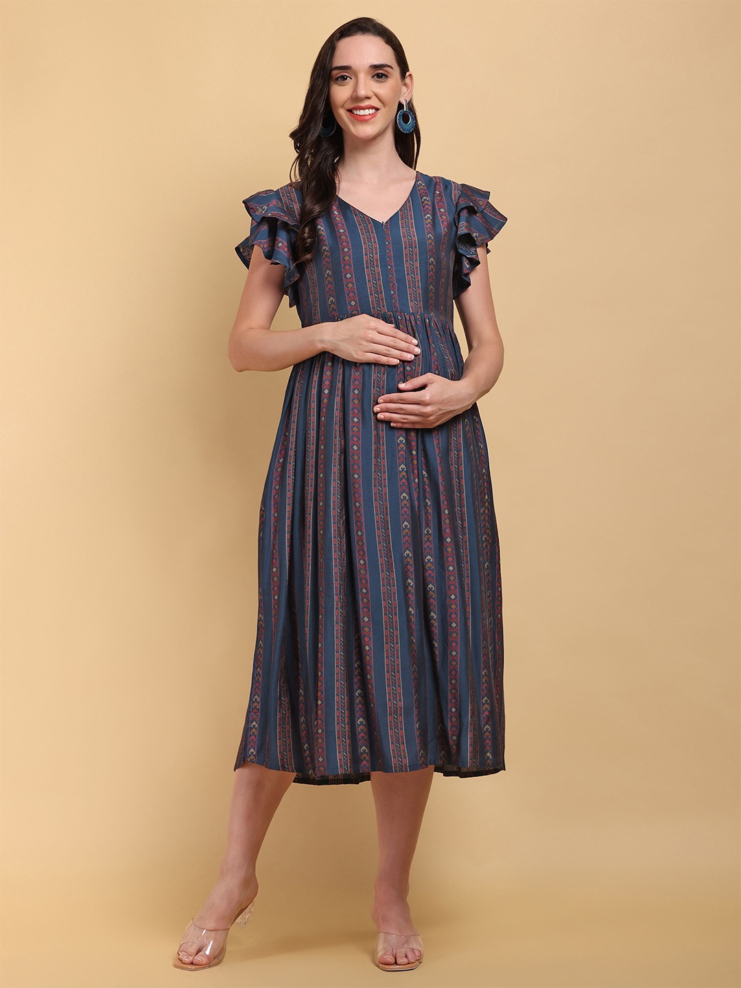 

CHARISMOMIC Women Striped Flutter Sleeve Maternity Fit & Flare Dress, Blue