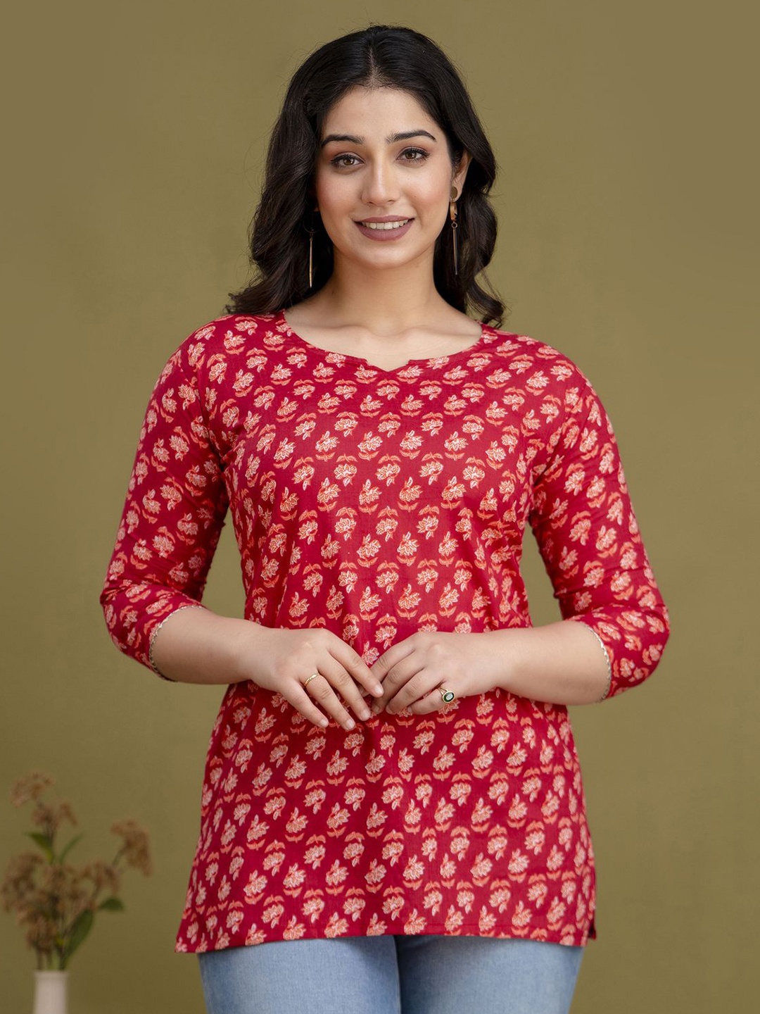 

NITVAN Women Floral Printed Cotton Top, Red
