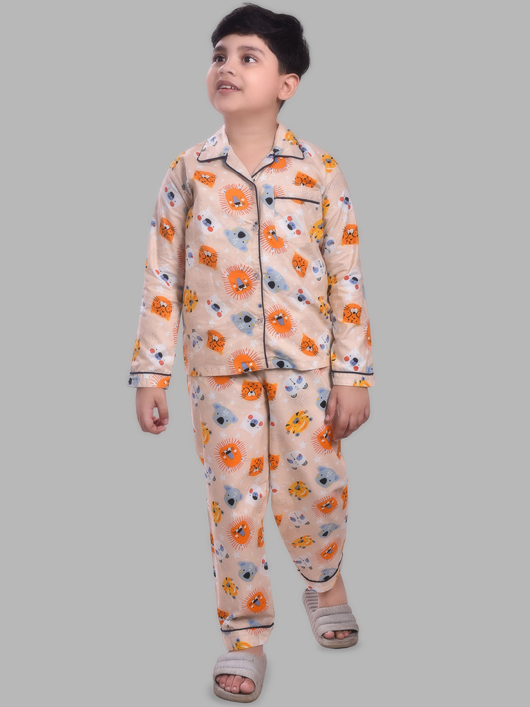 

YK Boys Pure Cotton Lapel Collar Long Sleeves Night suit, Orange