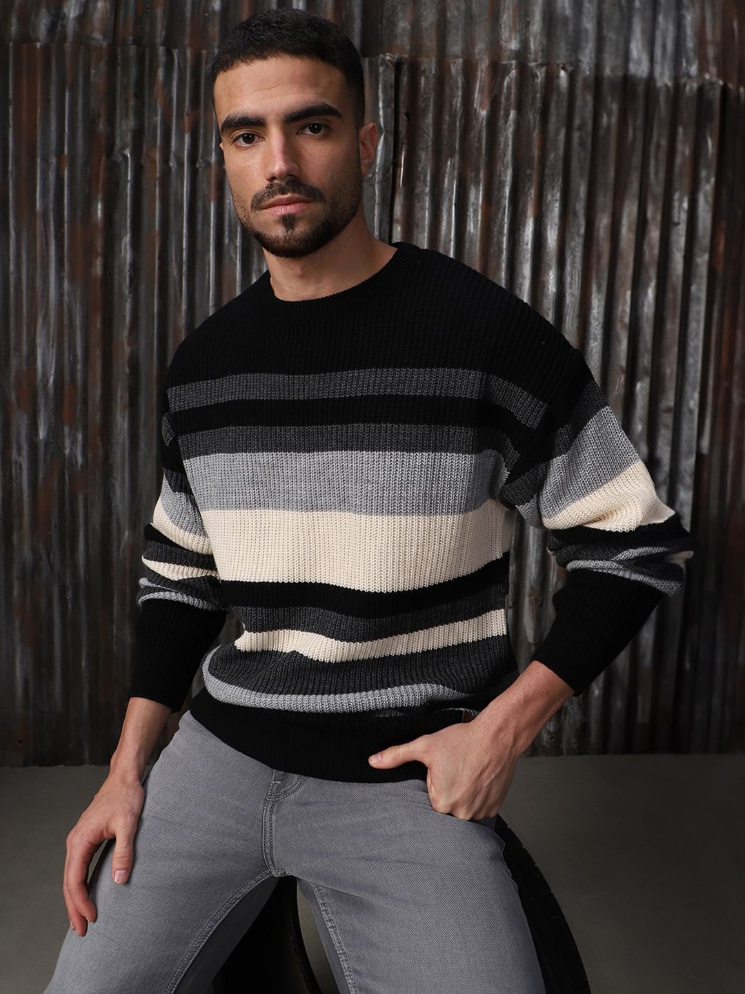 

High Star Men Striped High neck stractured Relaxed fit Pullover, Black