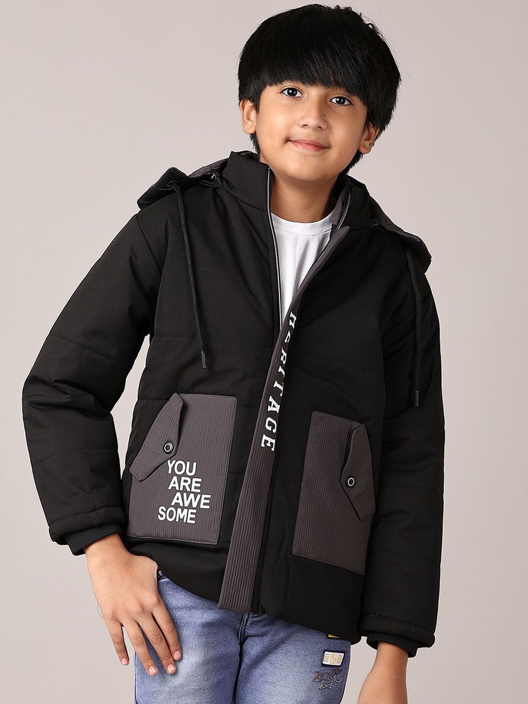 

V-Mart Boys Hooded Typography Printed Cotton Casual Puffer Jacket, Black