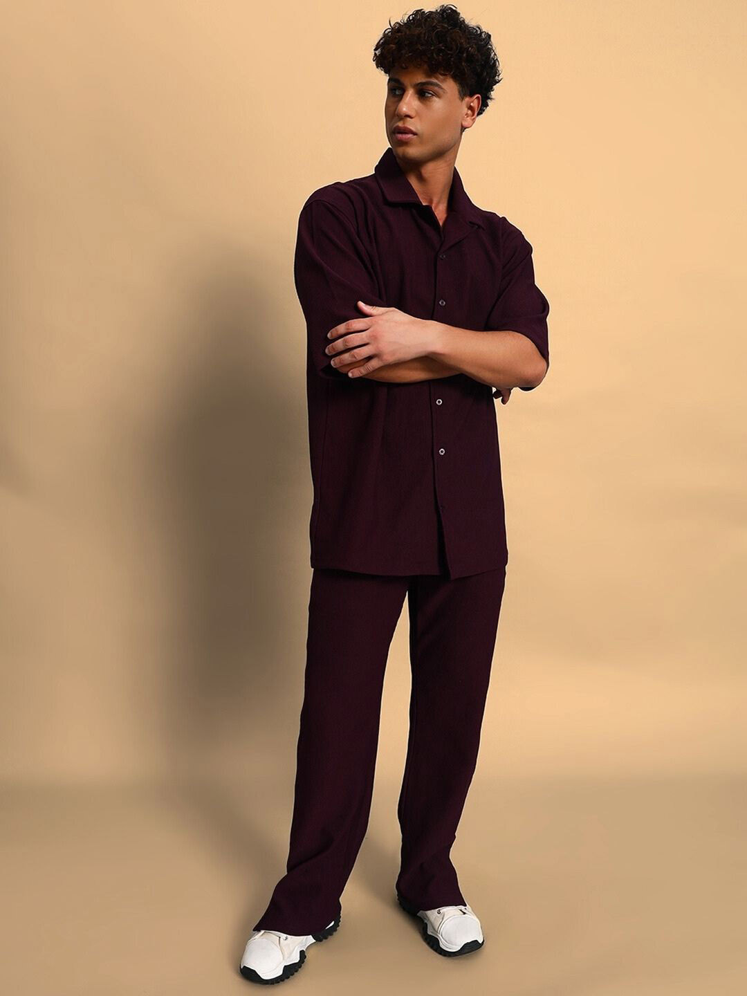 

WEARDUDS Shirt Collar Short Sleeves Shirt With Trouser, Burgundy