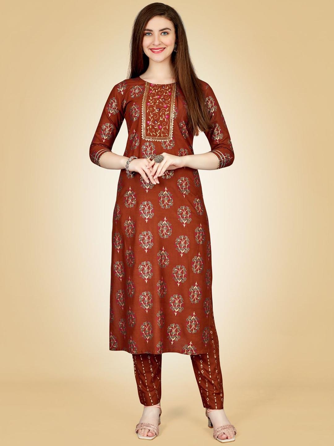 

HI FI NX Ethnic Motifs Printed Straight Sequinned Kurta with Trousers, Rust