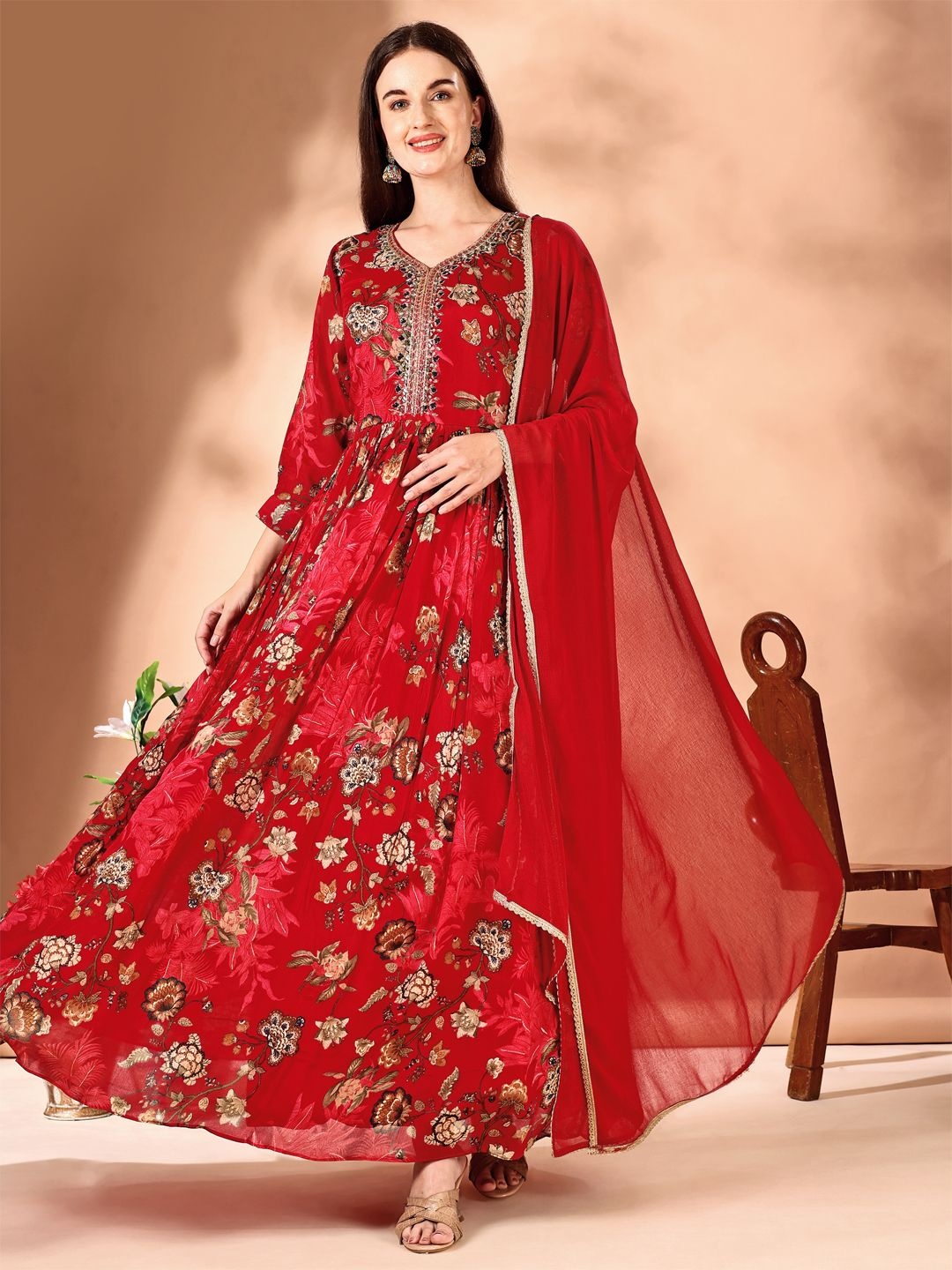 

KUNDAN FAB Floral Print Crepe Formal Maxi Dress, Red