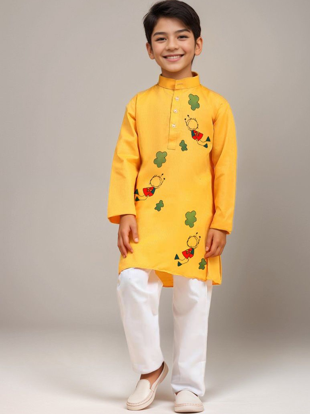 

DEVOILER Boys Quirky Printed Cotton Regular Straight Kurta with Pyjamas, Yellow