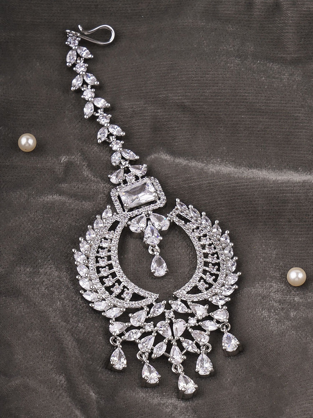

Adwitiya Collection Rhodium-Plated American Diamond Studded Maang Tikka, White