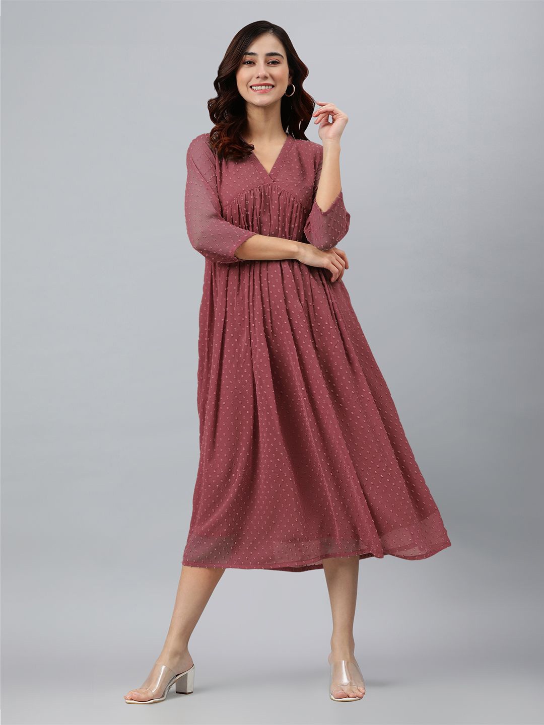 

Janasya Chiffon Self Design Empire Midi Dress, Mauve