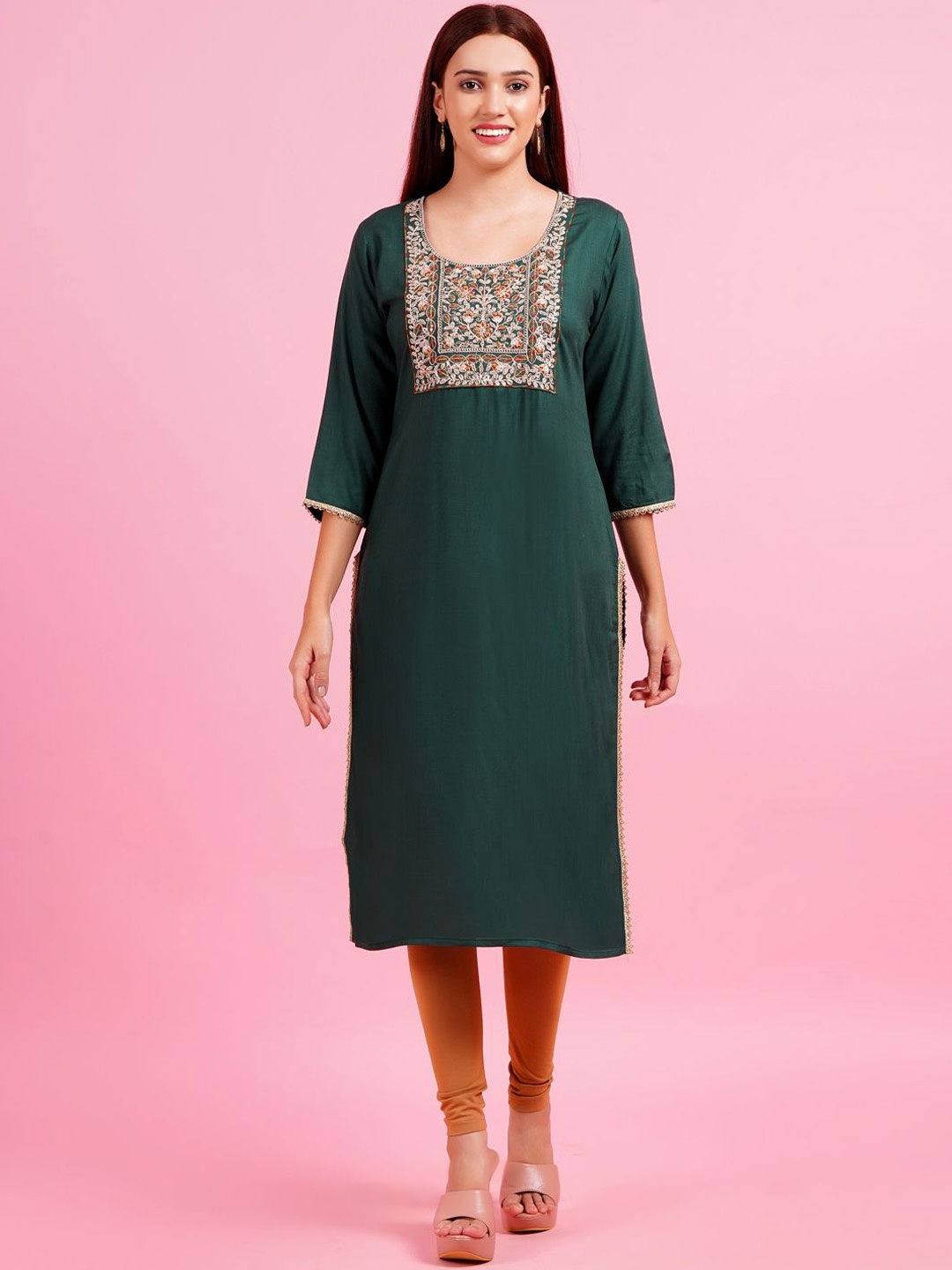 

KALINI Floral Embroidered Thread Work Yoke Design Straight Kurta, Green