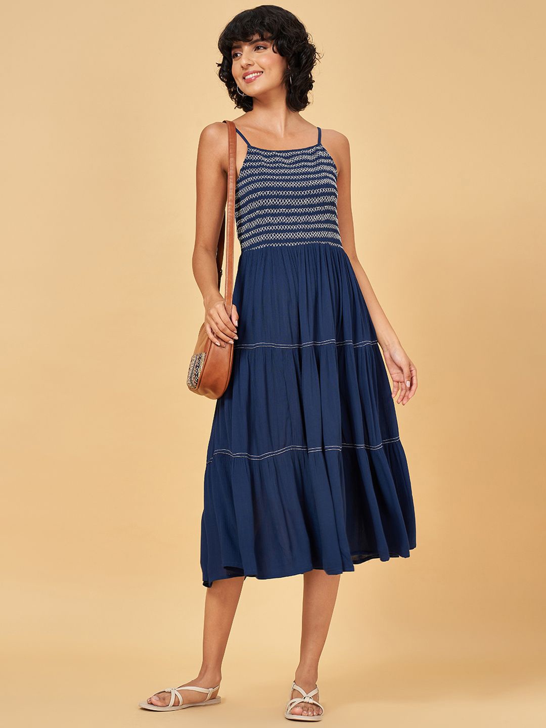 

YU by Pantaloons Women Blue Shoulder Straps Embroidered Fit & Flare Midi Dress