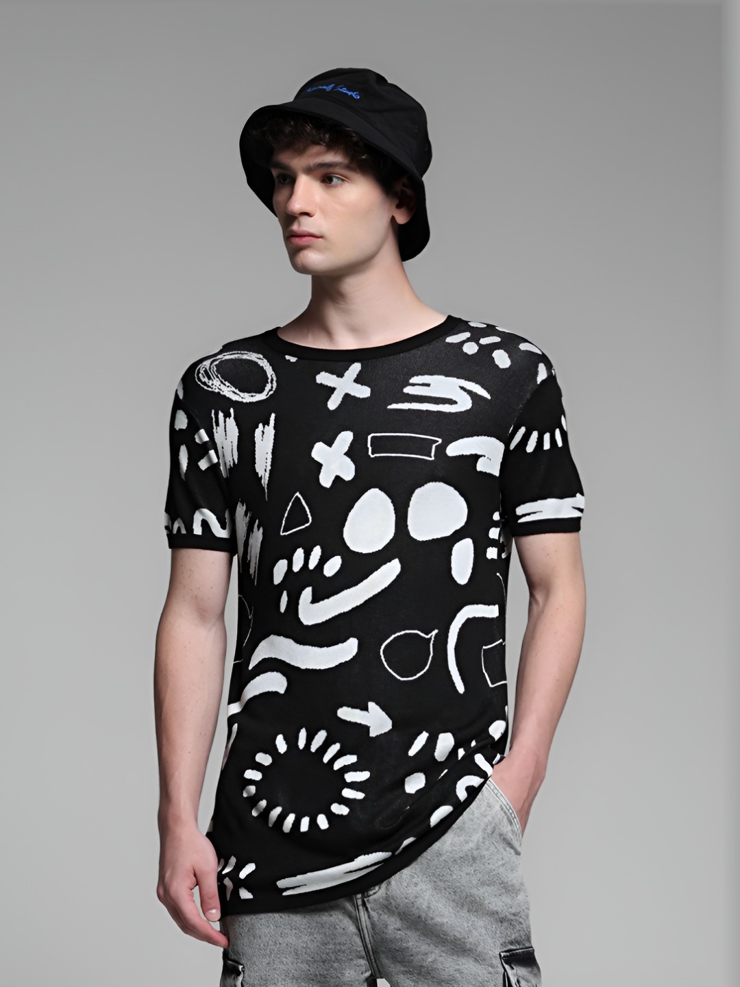 

Jack & Jones Men Abstract Printed Round Neck Cotton T-shirt, Black