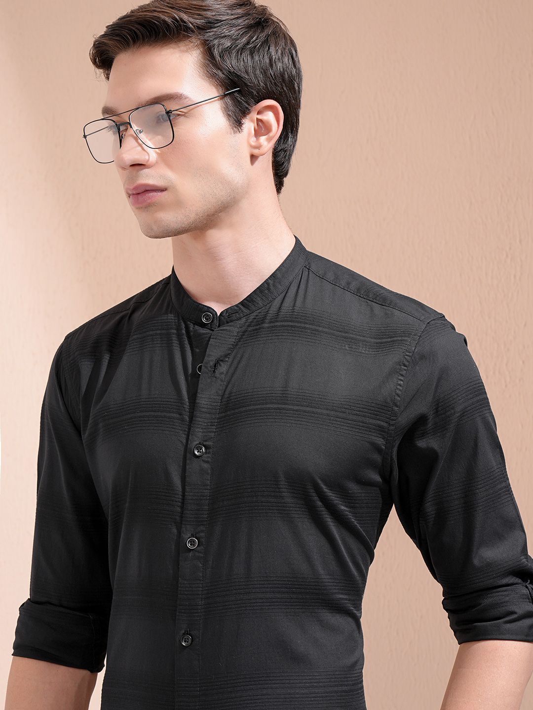 

Highlander Men Dobby Textured Striped Mandarin Collar Casual Shirt, Black