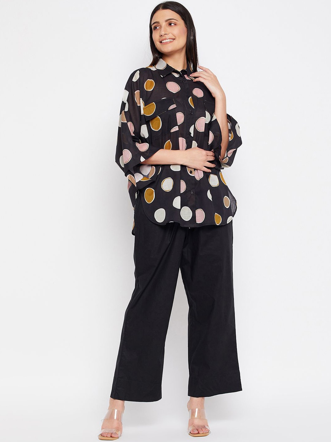 

Antimony Polka Dots Printed Shirt Collar Three-Quarter Sleeves Shirt With Trouser, Black