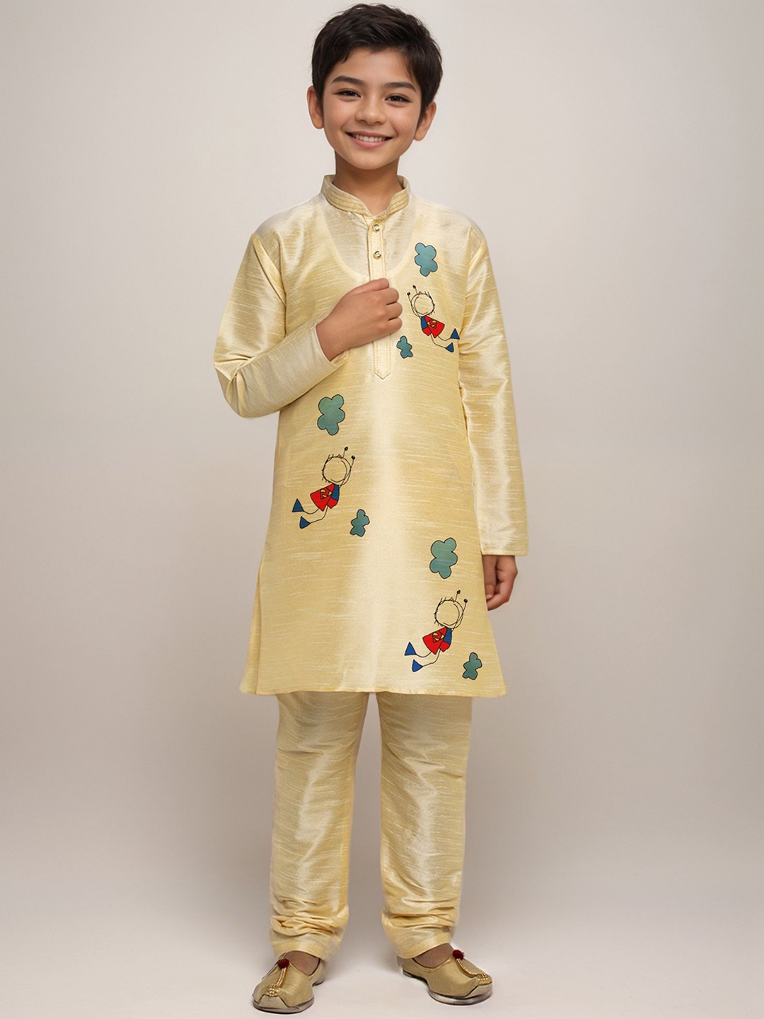

DEVOILER Boys Quirky Printed Mandarin Collar Straight Kurta With Churidar, Beige
