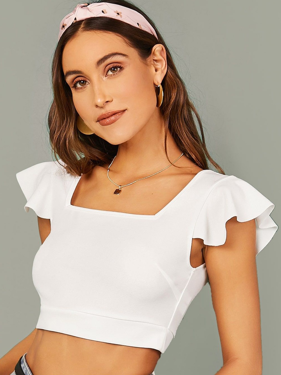 

AAHWAN Women Square Neck Flutter Sleeves Styled Back Crop Top, White