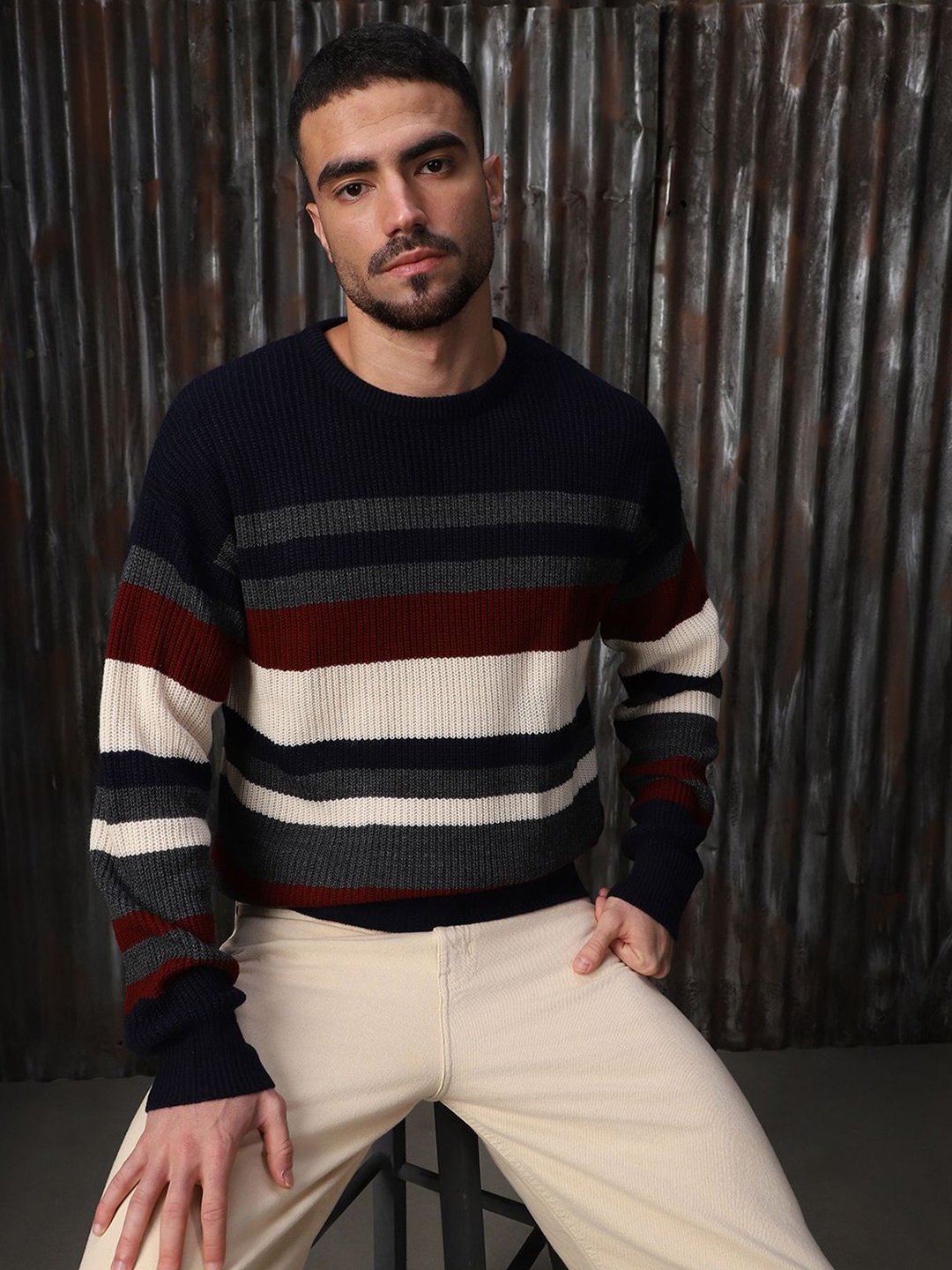 

High Star Men Striped Pullover Sweaters, Grey