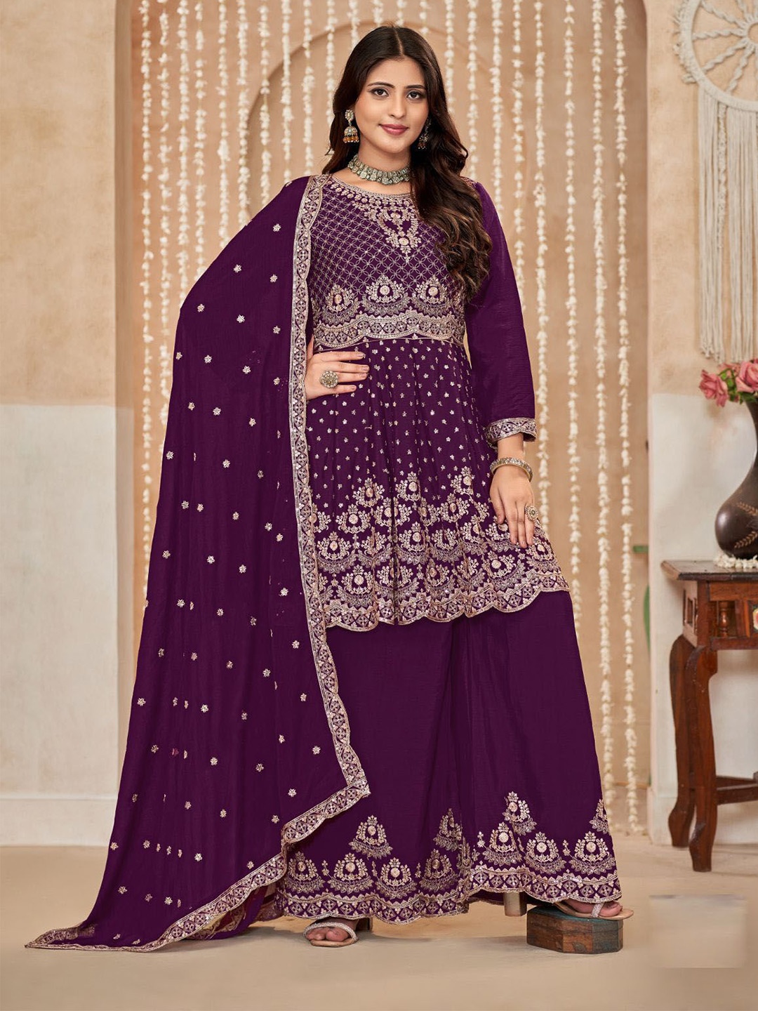 

ODETTE Women Embroidered Regular Kurta with Sharara & With Dupatta, Purple